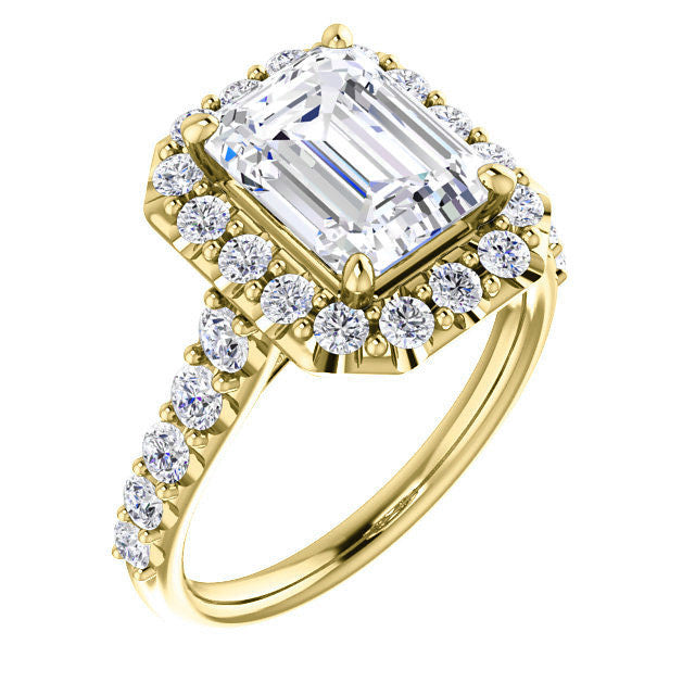 Emerald / Radiant Cut Halo Cathedral Engagement Ring