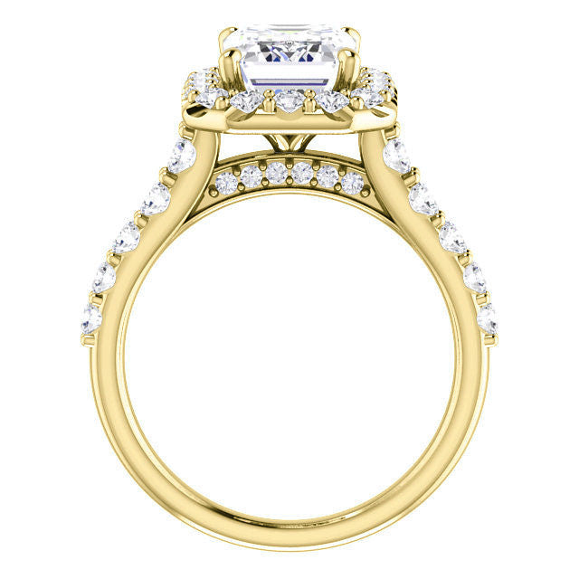 Emerald / Radiant Cut Halo Cathedral Engagement Ring