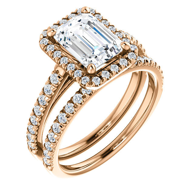 Emerald / Radiant Cut Halo Cathedral Engagement Ring