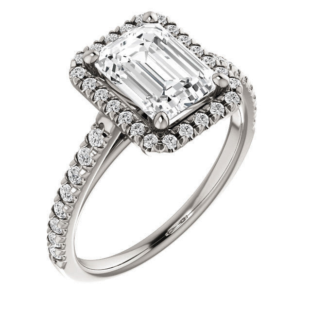 Emerald / Radiant Cut Halo Cathedral Engagement Ring