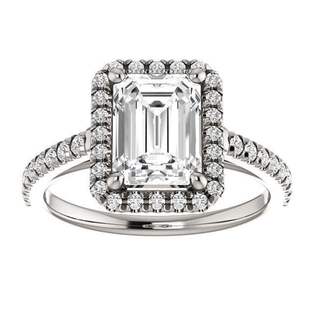Emerald / Radiant Cut Halo Cathedral Engagement Ring