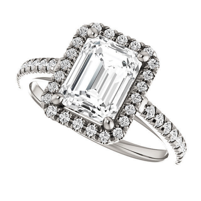 Emerald / Radiant Cut Halo Cathedral Engagement Ring