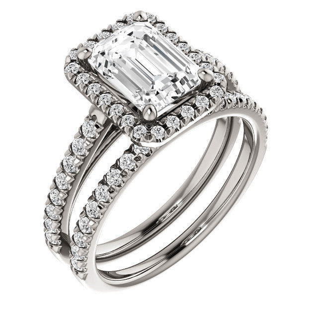 Emerald / Radiant Cut Halo Cathedral Engagement Ring