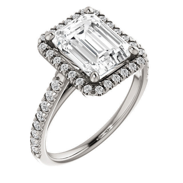 Emerald / Radiant Cut Halo Cathedral Engagement Ring