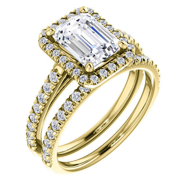 Emerald / Radiant Cut Halo Cathedral Engagement Ring