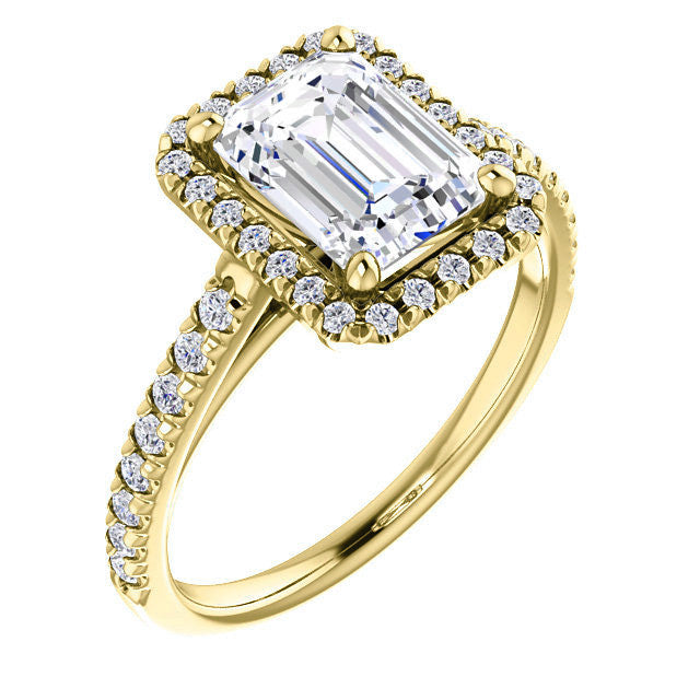 Emerald / Radiant Cut Halo Cathedral Engagement Ring