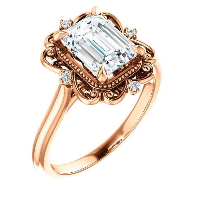 Emerald / Radiant Moissanite Cathedral Engagement Ring