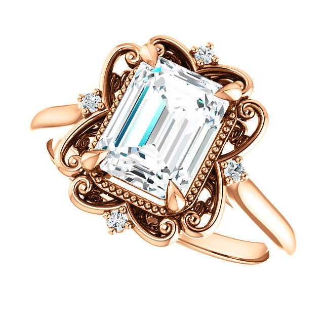 Emerald / Radiant Moissanite Cathedral Engagement Ring
