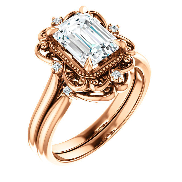 Emerald / Radiant Moissanite Cathedral Engagement Ring