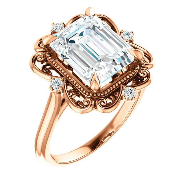 Emerald / Radiant Moissanite Cathedral Engagement Ring