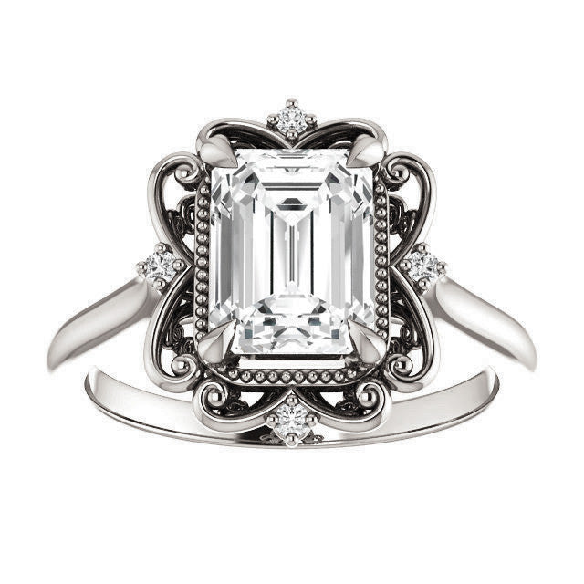 Emerald / Radiant Moissanite Cathedral Engagement Ring