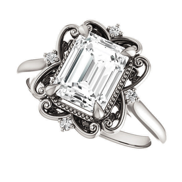 Emerald / Radiant Moissanite Cathedral Engagement Ring