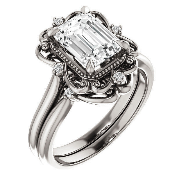 Emerald / Radiant Moissanite Cathedral Engagement Ring