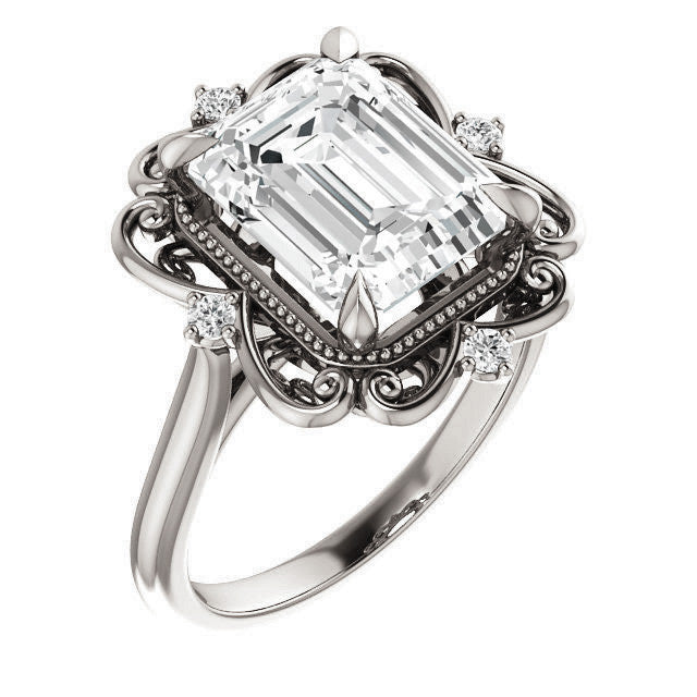 Emerald / Radiant Moissanite Cathedral Engagement Ring