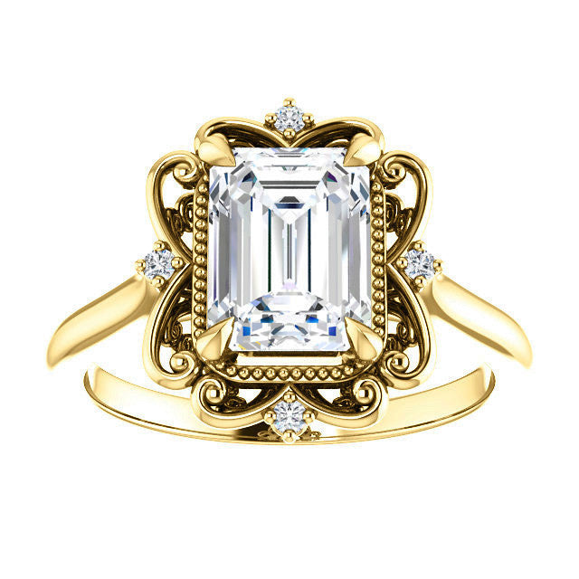 Emerald / Radiant Moissanite Cathedral Engagement Ring