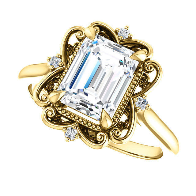 Emerald / Radiant Moissanite Cathedral Engagement Ring