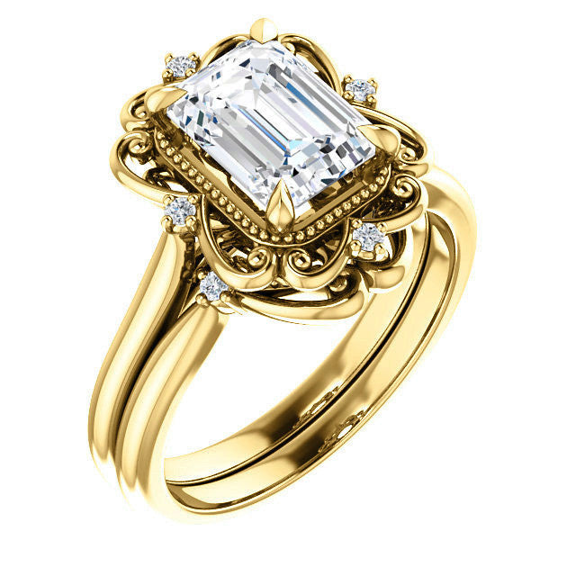 Emerald / Radiant Moissanite Cathedral Engagement Ring