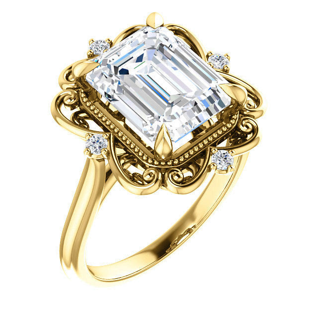 Emerald / Radiant Moissanite Cathedral Engagement Ring