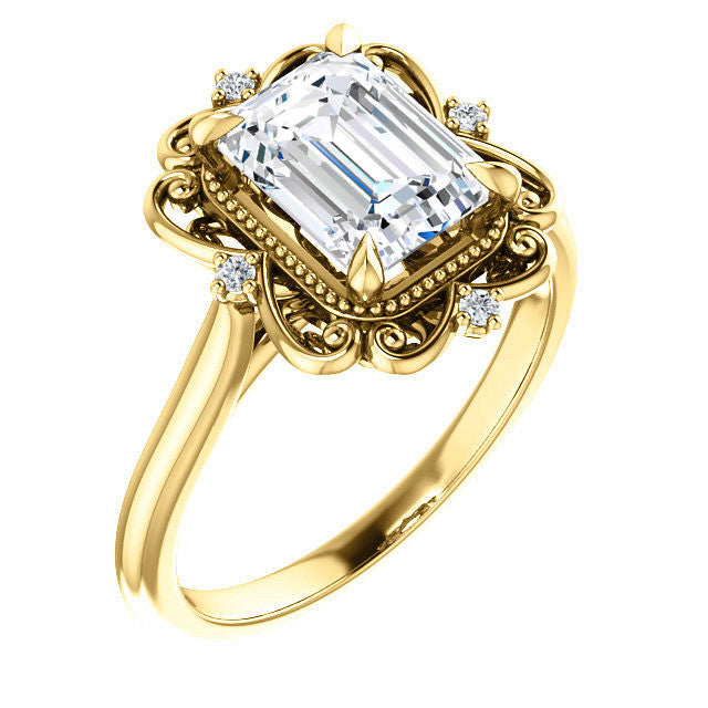 Emerald / Radiant Moissanite Cathedral Engagement Ring