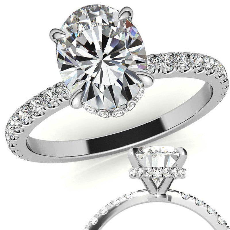 Diamond Collar Oval Moissanite Engagement Ring - 2mm