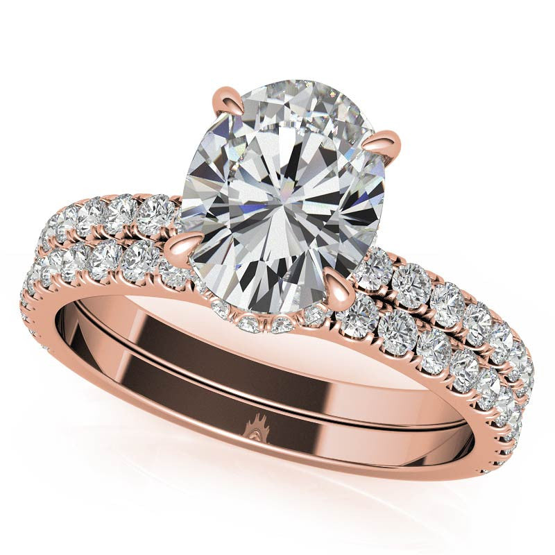 Diamond Collar Oval Moissanite Engagement Ring - 2mm