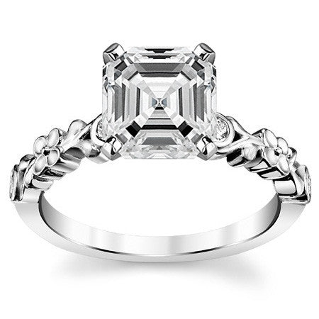 Round Brilliant Moissanite Floral Style Engagement Ring, 0.08ct