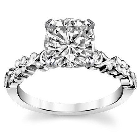 Round Brilliant Moissanite Floral Style Engagement Ring, 0.08ct