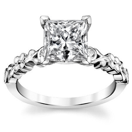 Round Brilliant Moissanite Floral Style Engagement Ring, 0.08ct