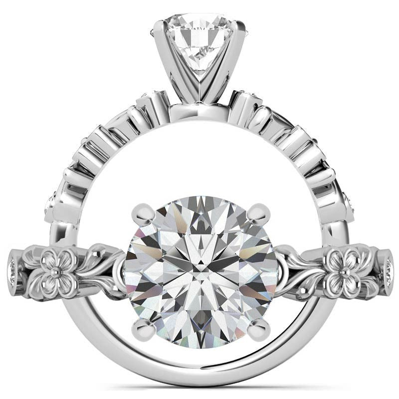 Round Brilliant Moissanite Floral Style Engagement Ring, 0.08ct