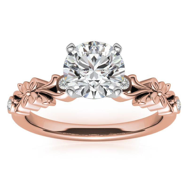 Round Brilliant Moissanite Floral Style Engagement Ring, 0.08ct