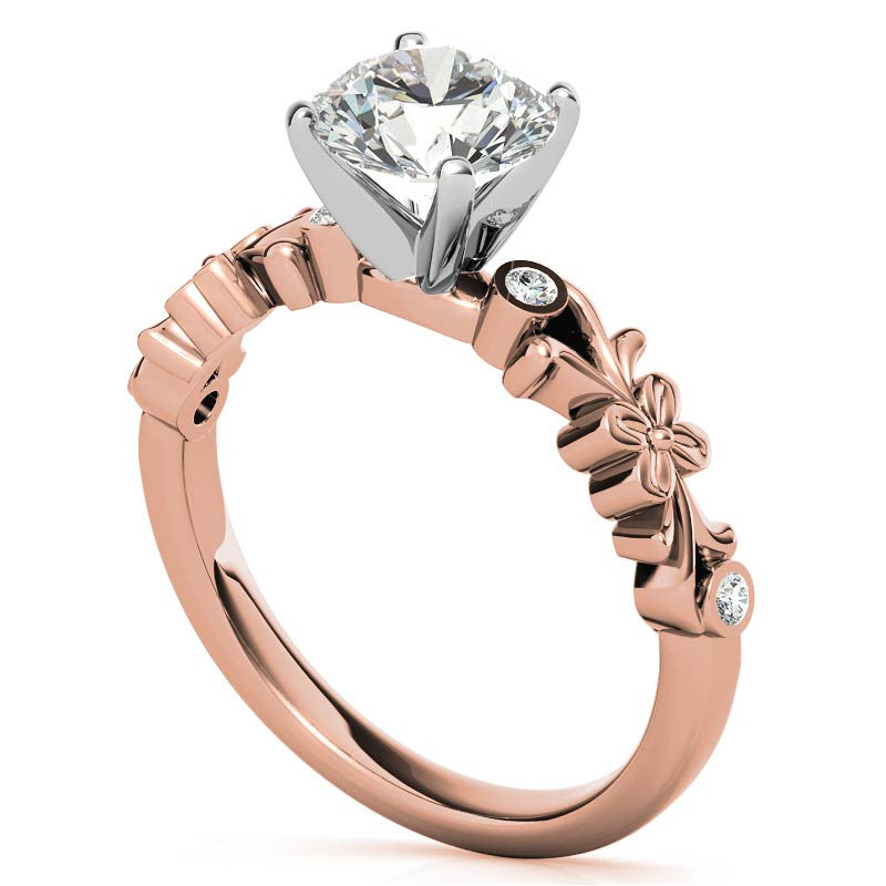 Round Brilliant Moissanite Floral Style Engagement Ring, 0.08ct