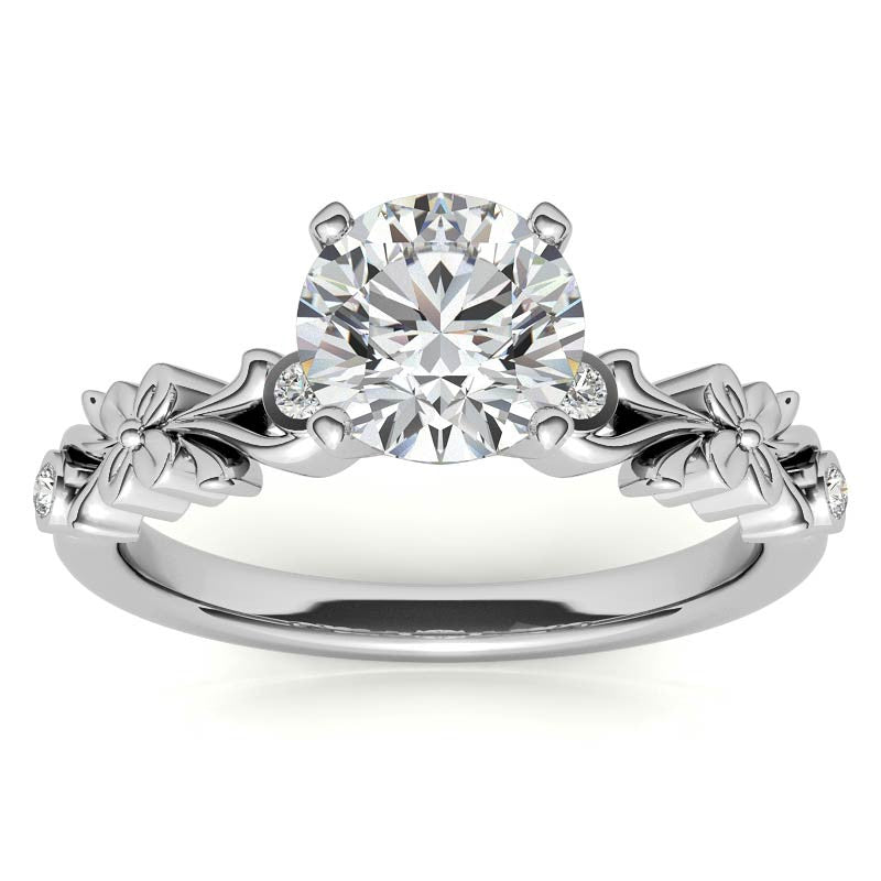 Round Brilliant Moissanite Floral Style Engagement Ring, 0.08ct