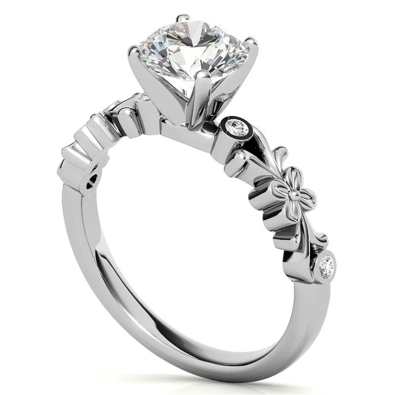 Round Brilliant Moissanite Floral Style Engagement Ring, 0.08ct