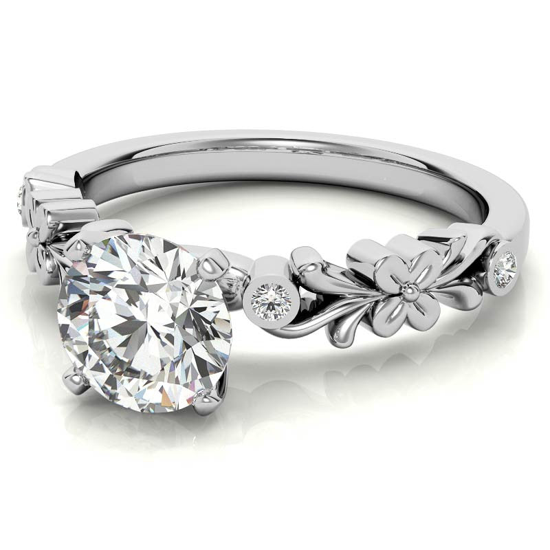Round Brilliant Moissanite Floral Style Engagement Ring, 0.08ct