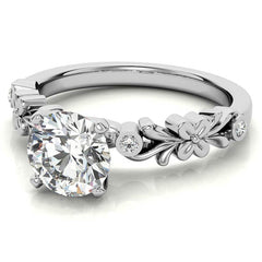 Round Brilliant Moissanite Floral Style Engagement Ring, 0.08ct