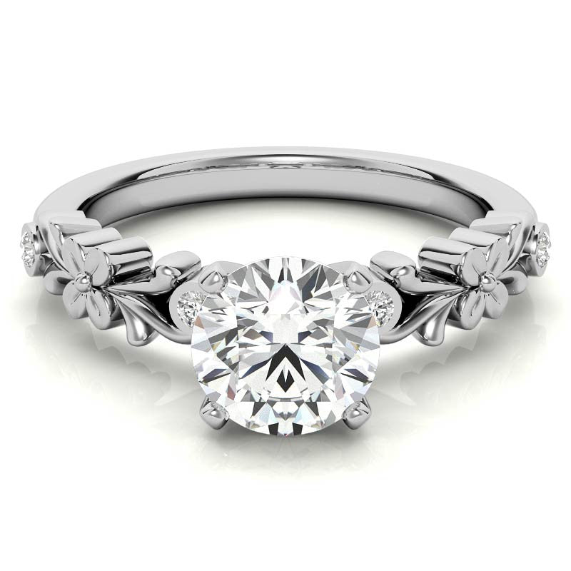 Round Brilliant Moissanite Floral Style Engagement Ring, 0.08ct