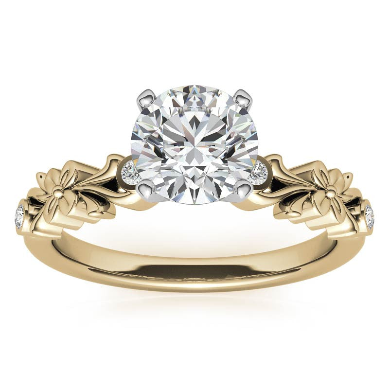 Round Brilliant Moissanite Floral Style Engagement Ring, 0.08ct