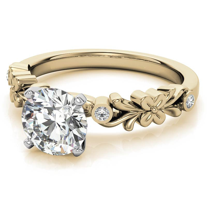 Round Brilliant Moissanite Floral Style Engagement Ring, 0.08ct