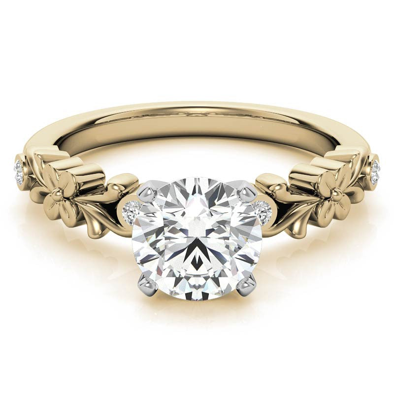 Round Brilliant Moissanite Floral Style Engagement Ring, 0.08ct