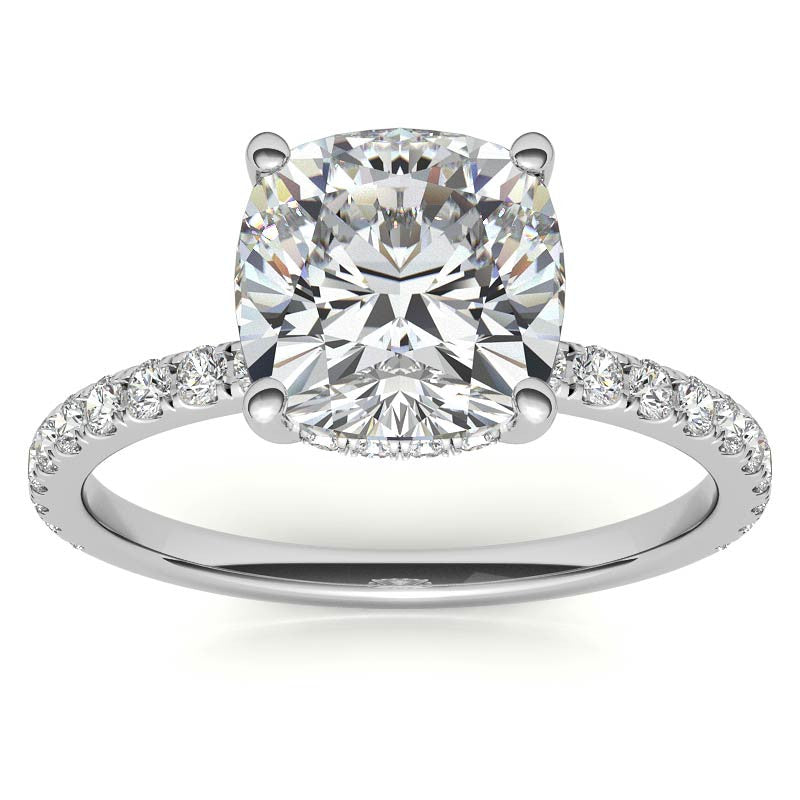 Cushion Moissanite Engagement Ring with Pave Accented Basket
