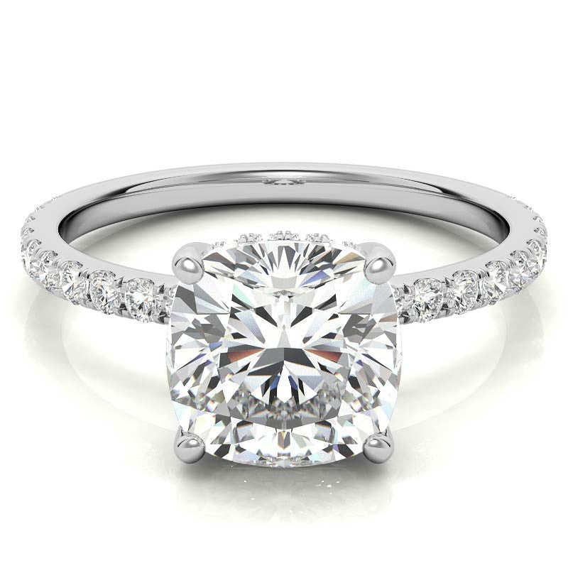 Cushion Moissanite Engagement Ring with Pave Accented Basket