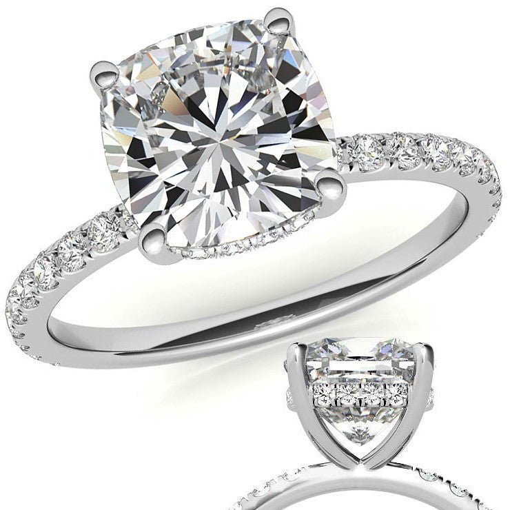 Cushion Moissanite Engagement Ring with Pave Accented Basket