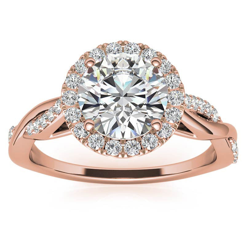 Round Brilliant Moissanite Twisted Cathedral Halo Engagement Ring