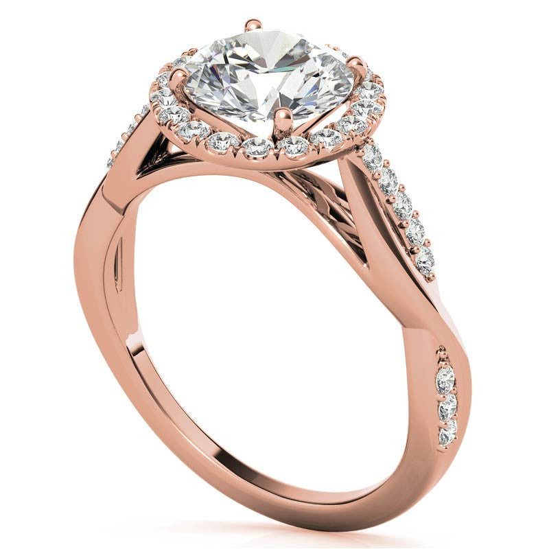 Round Brilliant Moissanite Twisted Cathedral Halo Engagement Ring