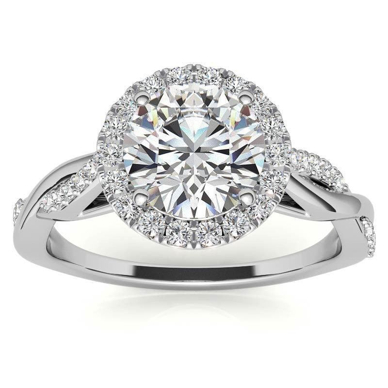 Round Brilliant Moissanite Twisted Cathedral Halo Engagement Ring