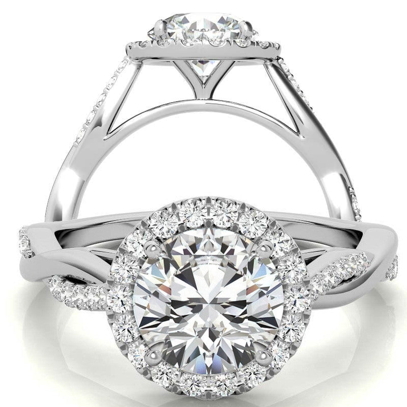 Round Brilliant Moissanite Twisted Cathedral Halo Engagement Ring