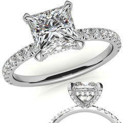 Princess cut Moissanite Diamond Pave Basket Engagement Ring with 2mm Band