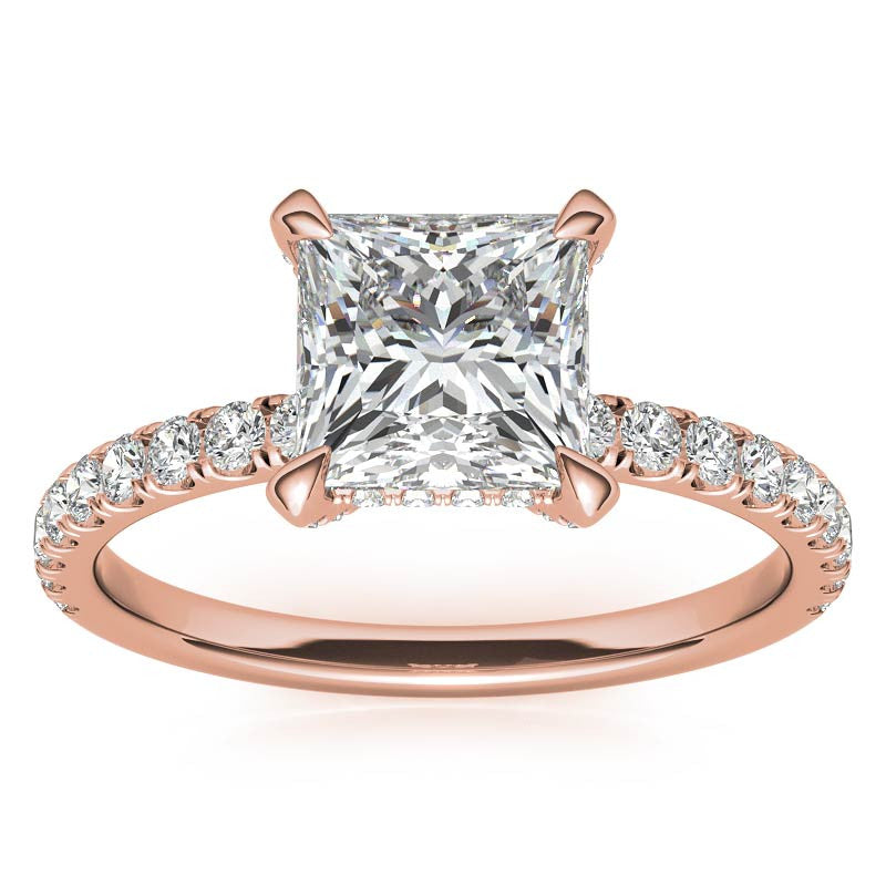 Princess cut Moissanite Diamond Pave Basket Engagement Ring with 2mm Band