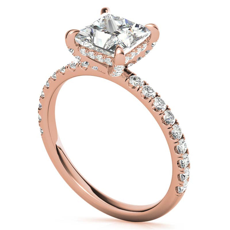 Princess cut Moissanite Diamond Pave Basket Engagement Ring with 2mm Band