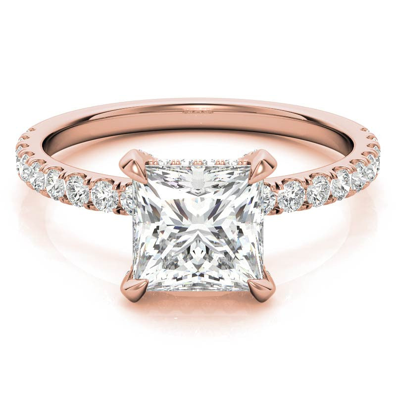 Princess cut Moissanite Diamond Pave Basket Engagement Ring with 2mm Band